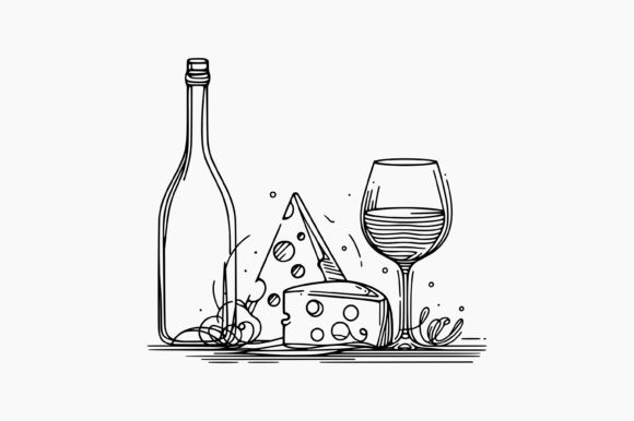 Download Wine and Cheese. Line Drawing. - Cheese Collection